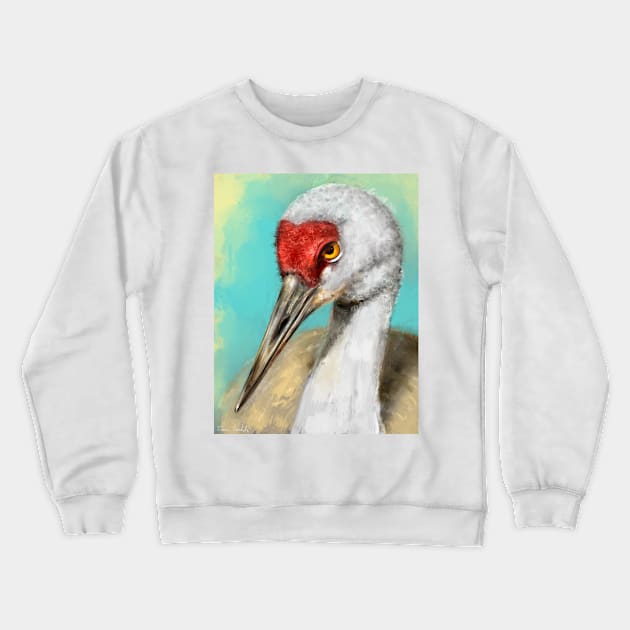 Painting of a Crane with Vibrant Colors on Yellow Blue Background Crewneck Sweatshirt by ibadishi